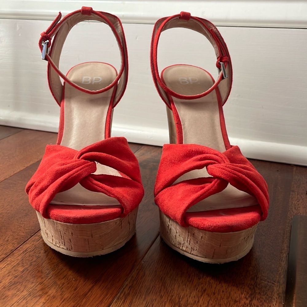 6.5 platform wedge red “suede” sandal. Ankle strap.